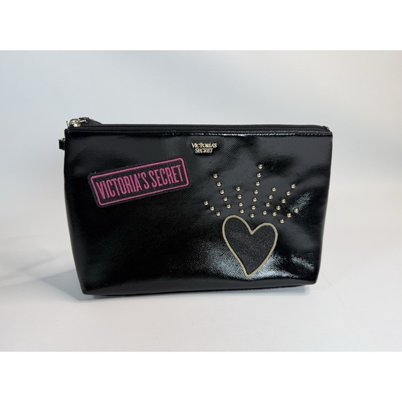 Victoria's Secret Black Glitter Heart Pink Makeup Travel Clutch Bag - Picture 1 of 5